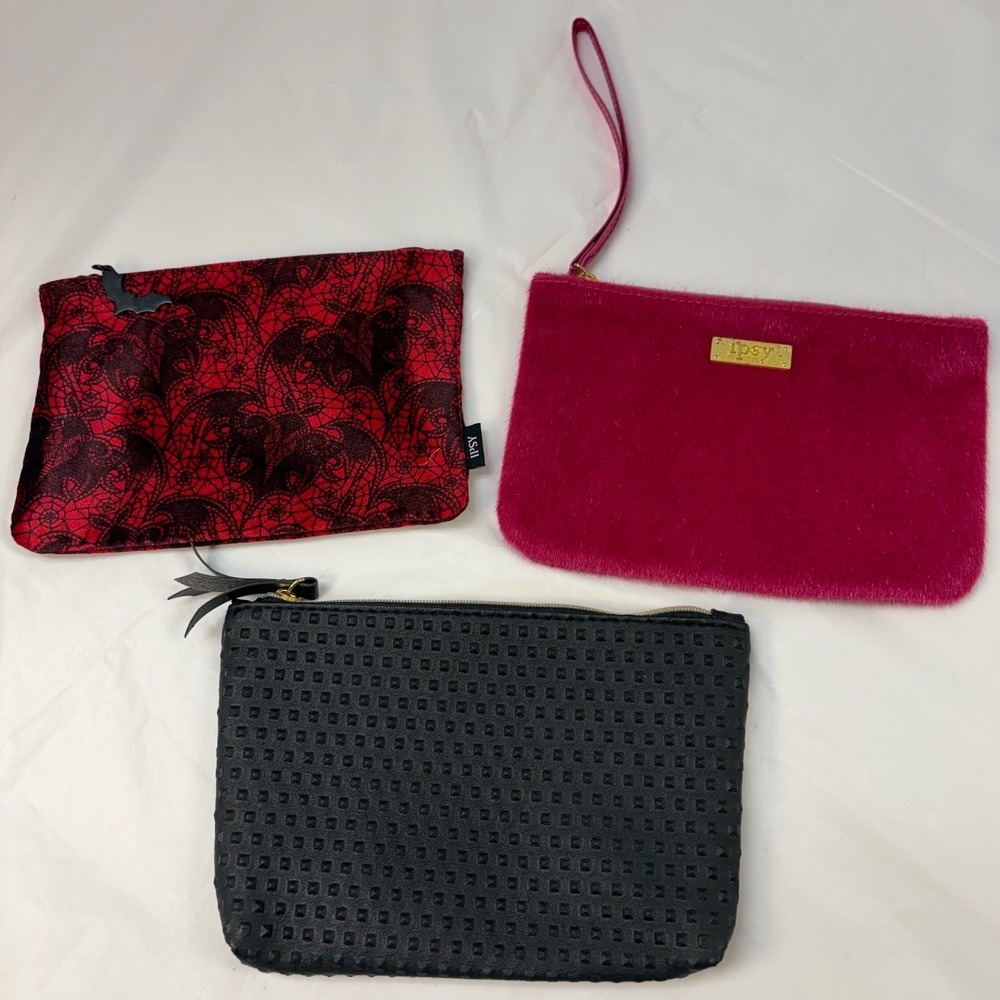 Ipsy Makeup Bag Bundle Set of 3 Faux Fur Black Textured Red Bat Lace Pouch
